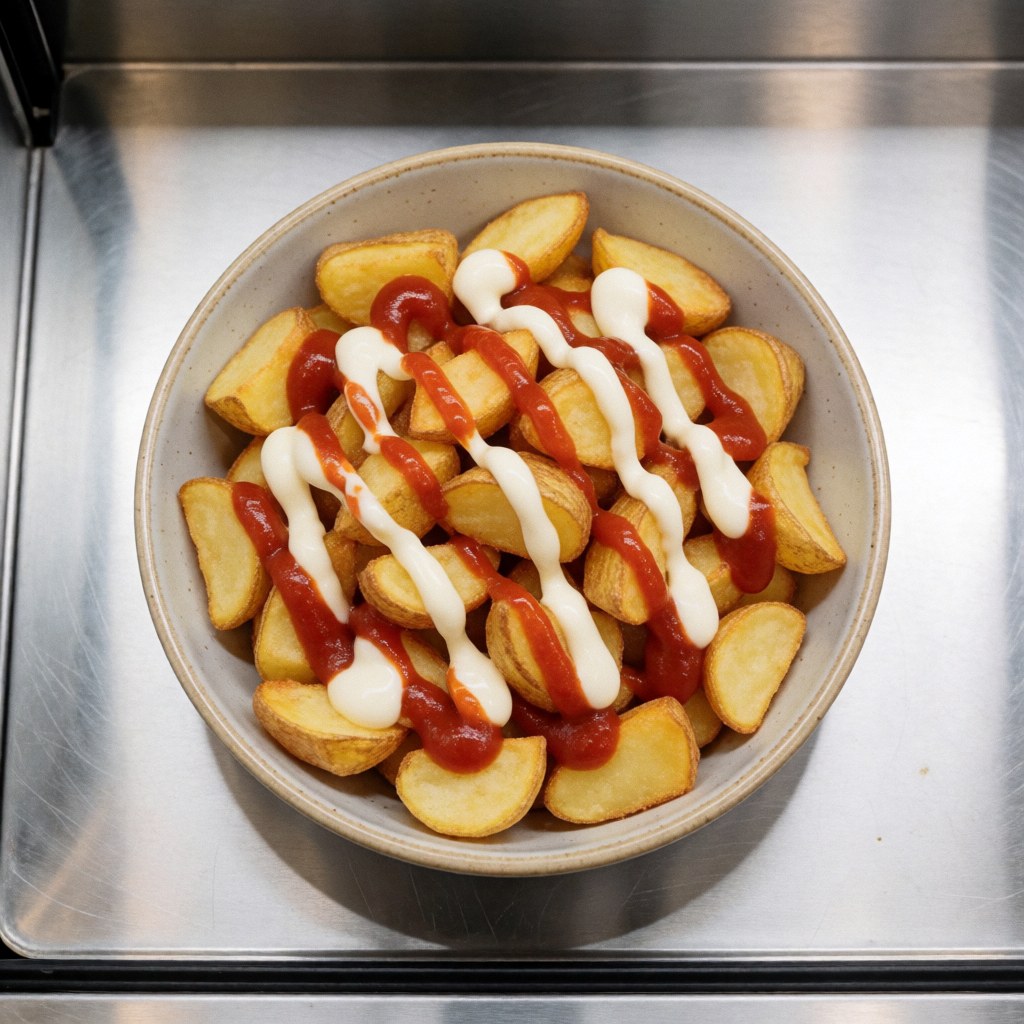 Patatas bravas dans un bol en céramique sur un comptoir en acier inoxydable, avec sauce rouge et blanche, vue de dessus, repas appétissant et coloré.