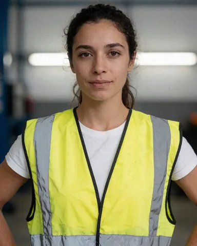 Portrait d'une jeune femme professionnelle en tenue de travail et gilet réfléchissant, les mains sur les hanches, regardant l'objectif dans un environnement industriel.