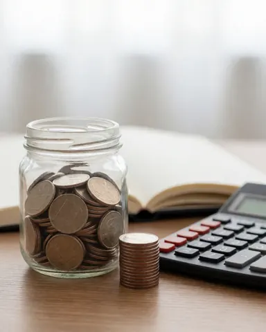 Une jarre contenant des pièces de monnaie, une calculatrice et un carnet posés sur une table en bois, illustrant l'épargne et la comptabilité.