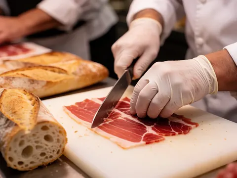 Mains gantées tranchant du jambon ibérique avec un couteau long, posé sur une baguette dans un food truck, fond flou.