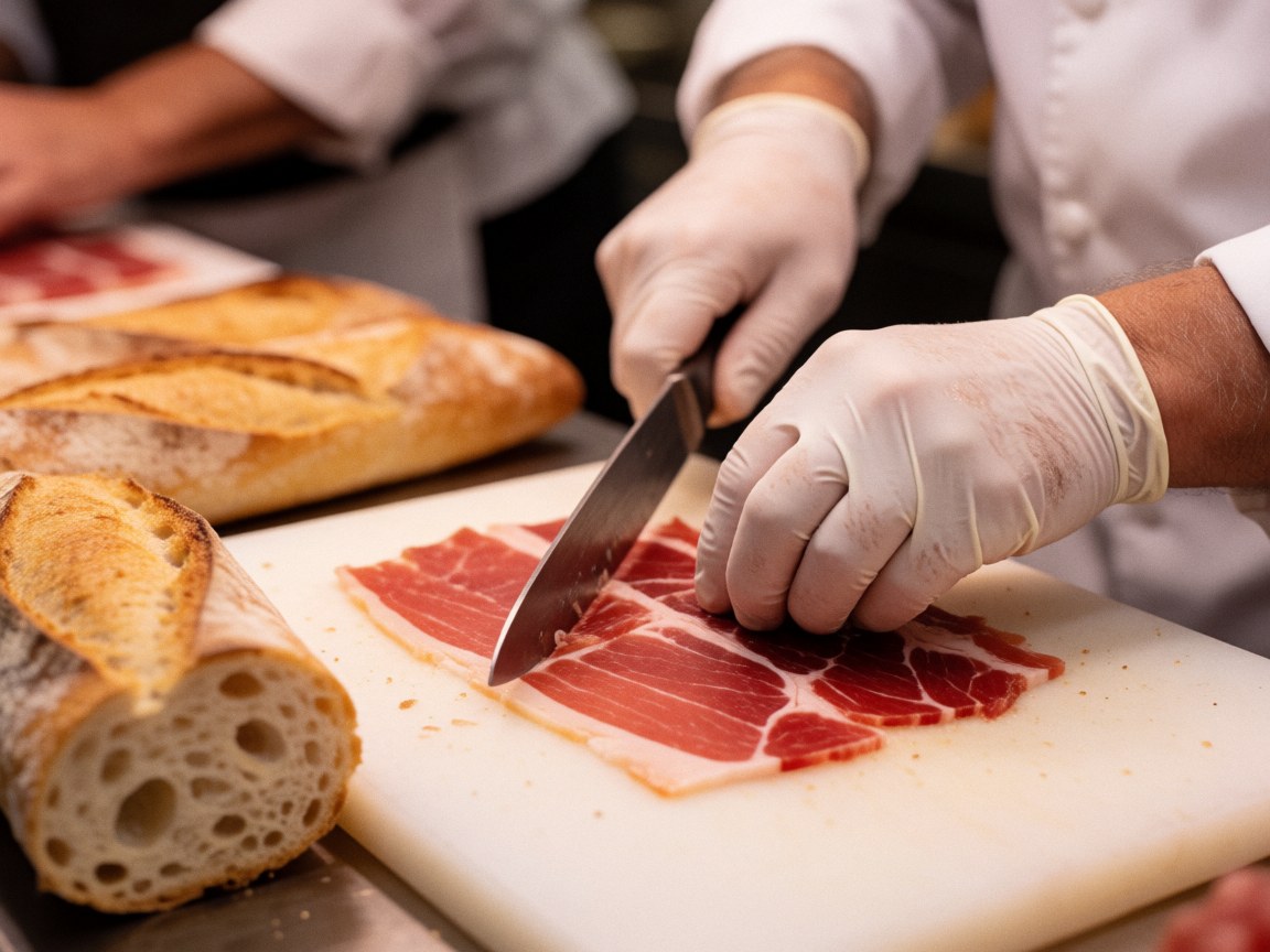 Mains gantées tranchant du jambon ibérique avec un couteau long, posé sur une baguette dans un food truck, fond flou.