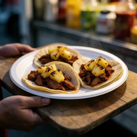 Trois tacos al pastor garnis d'ananas rôti, servis dans des tortillas de maïs sur une assiette blanche posée sur une planche rustique devant un food truck flou.