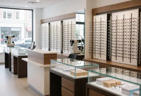 Vitrine et intérieur propres d'un magasin d'optique avec étagères, machine de mesure et comptoirs éclairés par la lumière naturelle.