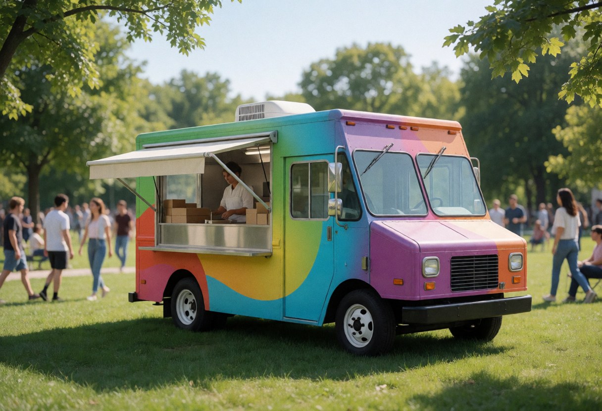 Un camion de nourriture coloré stationné dans un parc ensoleillé avec une personne servant depuis la fenêtre tandis que des passants défilent en arrière-plan.