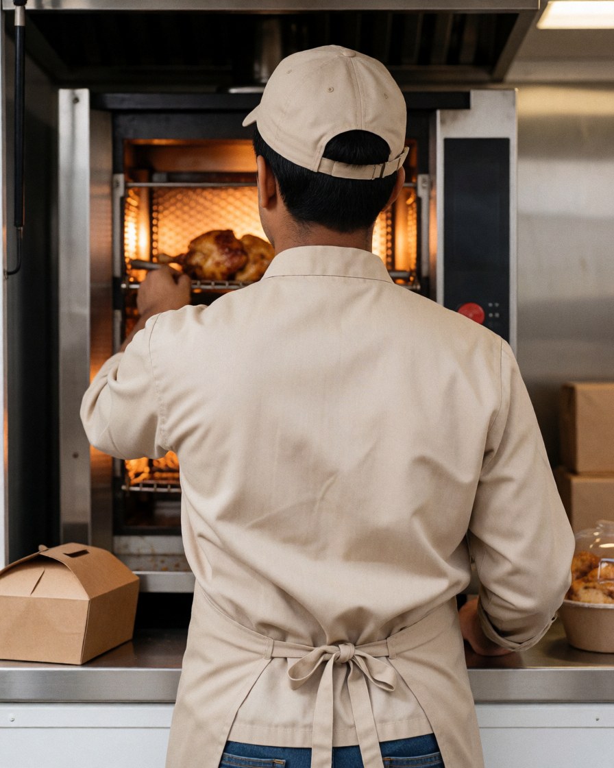 Un cuisinier en uniforme propre examine du poulet rôti dans un four à rotisserie à l'intérieur d'un food truck, sous un éclairage chaleureux.