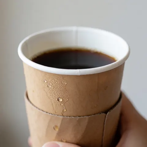 Une main tenant une tasse en carton brun contenant du café noir, ornée de gouttes de condensation sur un fond gris flou.