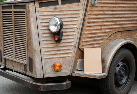 Food truck en bois rustique avec phares, garde-boue et carte de menu sur le marchepied, éclairé par la lumière du jour.