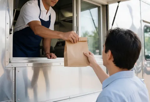 Une transaction rapide se déroule à la fenêtre d'un food truck avec une livraison en cours.
