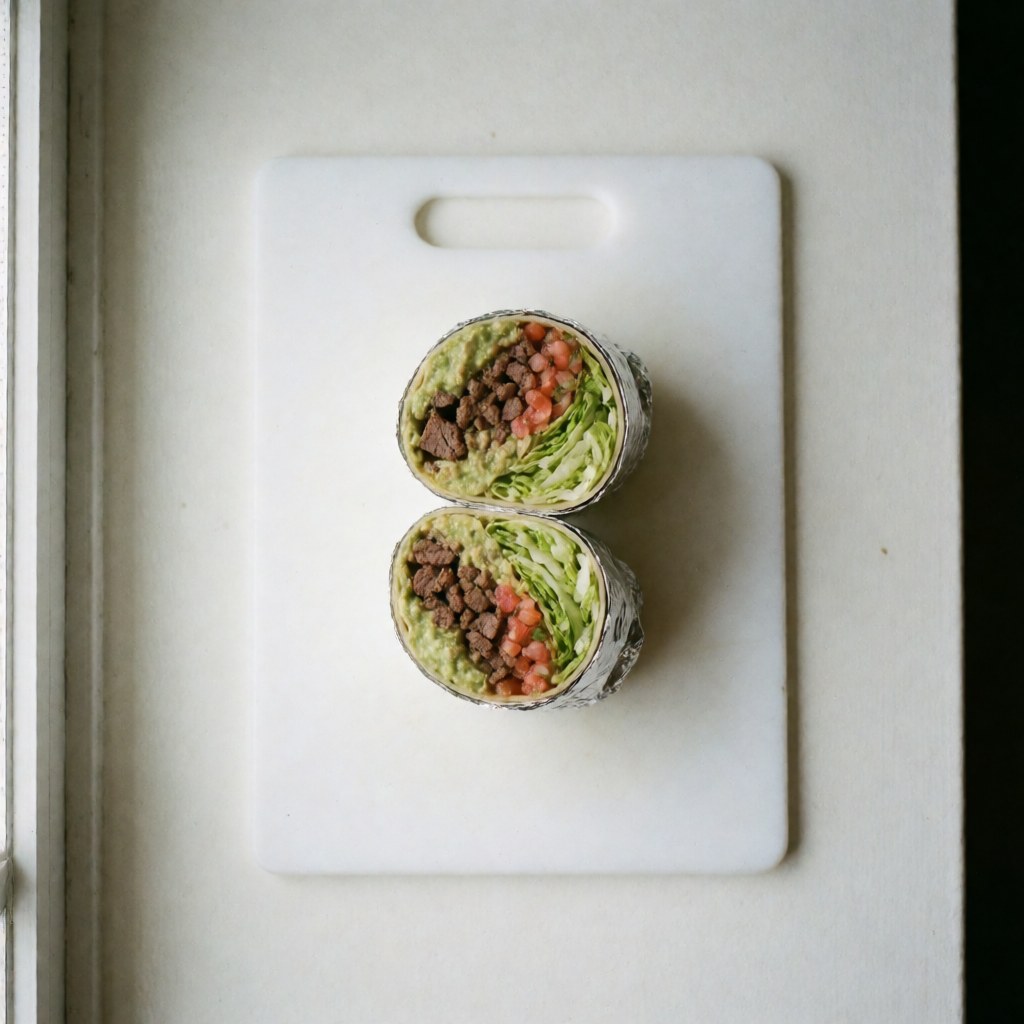 Un burrito tranché en deux révélant sa garniture de viande, guacamole, laitue et pico de gallo posé sur une planche blanche éclairée par la lumière naturelle.