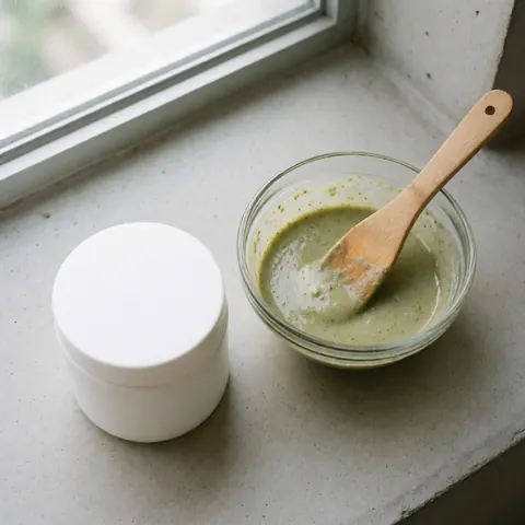 Mélange vert de soins capillaires naturels dans un bol en verre sur une table en béton près d'une fenêtre avec lumière naturelle.