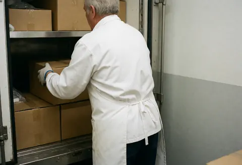 Un travailleur en uniforme charge des caisses dans un camion pour assurer le service d'un food truck.
