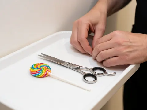 Gros plan de ciseaux à cheveux posés à côté d'un bonbon en bâtonnet coloré sur un fond uni blanc, évoquant un salon de coiffure pour enfants.