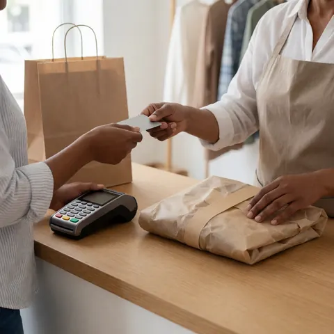 Une cliente paie ses achats en boutique avec une carte bancaire auprès d'une vendeuse derrière le comptoir.