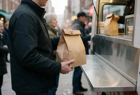 Un livreur tenant un sac contenant des aliments chauds se tient devant un food truck dans une rue urbaine, avec de la vapeur visible et un arrière-plan flou.