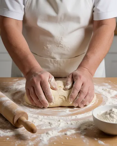 Le boulier pétrit la pâte pour préparer du pain artisanal sur une table en bois.