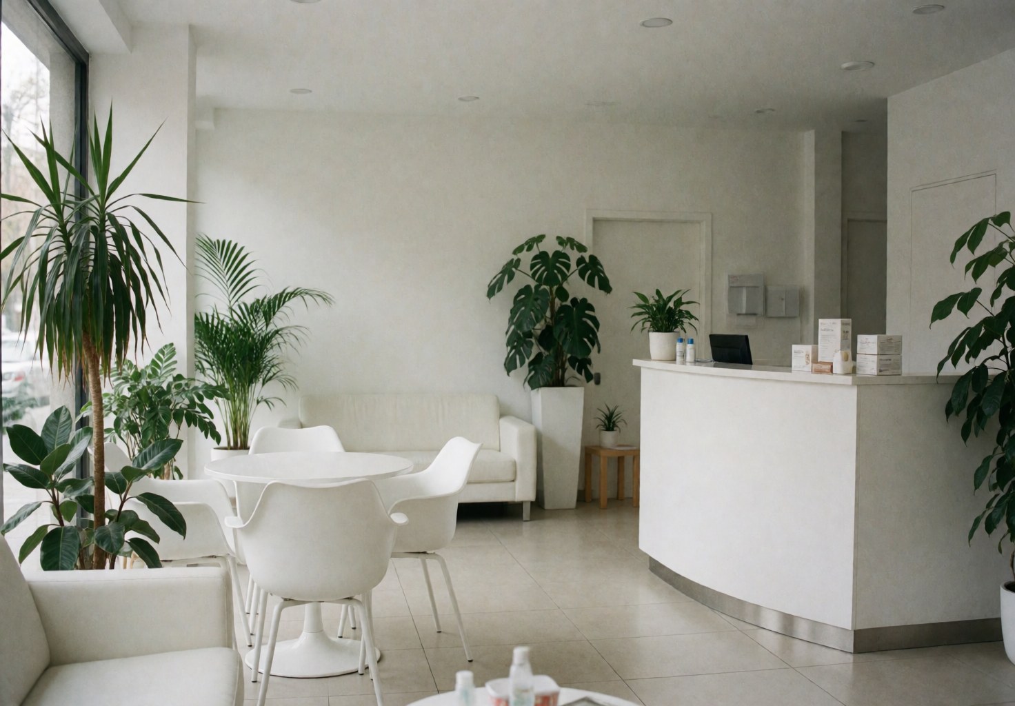 Réception moderne de clinique dentaire avec meubles blancs, plantes vertes et un environnement propre et accueillant pour les patients.