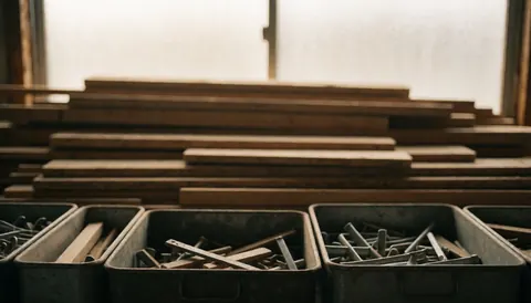 Arrière-plan d'atelier montrant des planches de bois empilées et des caisses métalliques contenant des outils, éclairé par une lumière chaude et diffuse.