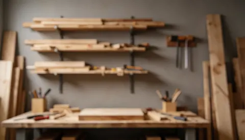 Vue de dessus d'un fond en bois rustique servant de support pour des outils de menuiserie, incluant un marteau, une scie et du papier.