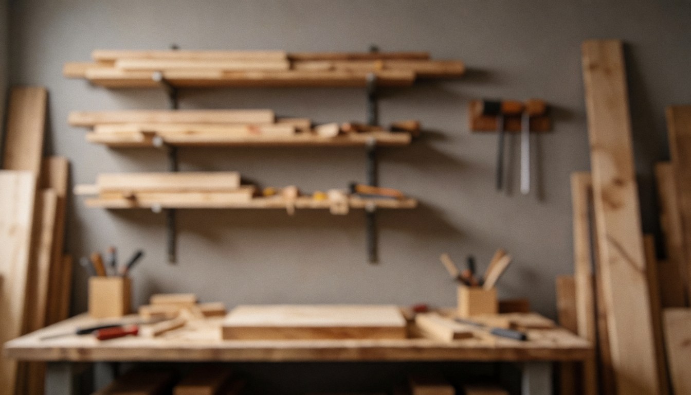 Vue de dessus d'un fond en bois rustique servant de support pour des outils de menuiserie, incluant un marteau, une scie et du papier.