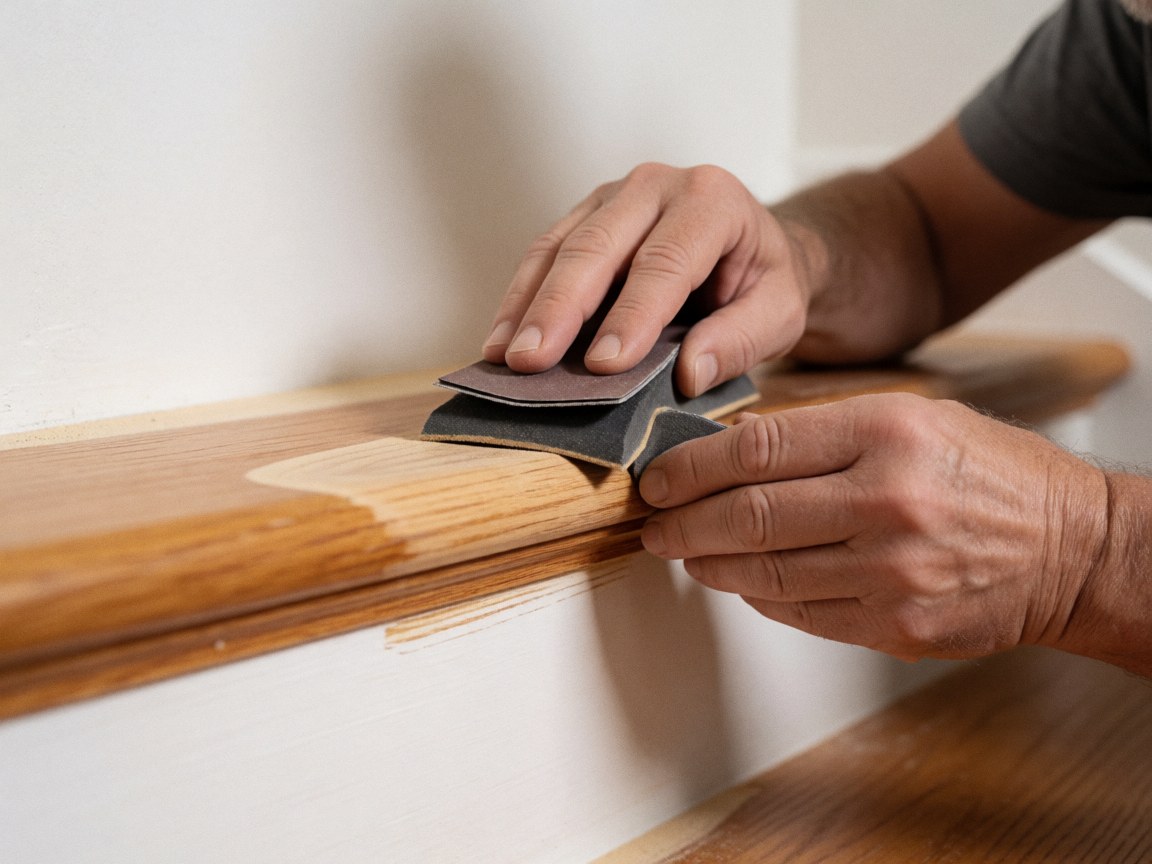 Une main utilise du papier abrasif pour poncer les marches d'une échelle en bois, avec de la poussière visible sur un fond blanc et une lumière chaude.