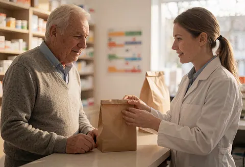 Une pharmacienne souriante remet un sac contenant des médicaments à une personne âgée dans une pharmacie éclairée par la lumière naturelle.