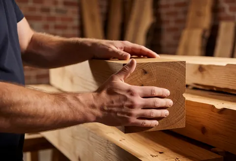 Main d'artisan vérifiant la texture du bois de chêne, éclairage chaleureux et fond en briques évoquant un atelier de menuiserie.