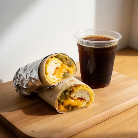 Burrito coupé en deux révélant du fromage fondu et de la sauce verte, posé sur une planche en bois avec un café noir, éclairage naturel chaud.