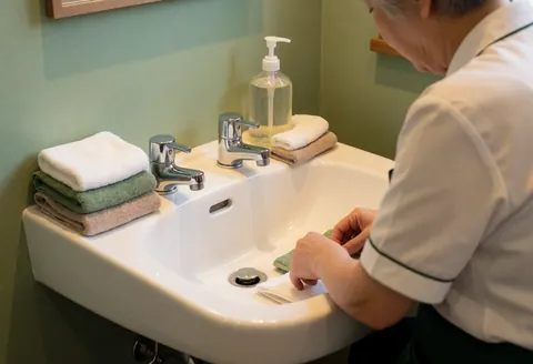 Un lavabo blanc impeccable dans un salon de coiffure professionnel, avec des serviettes et des produits de soin disposés pour le service client.