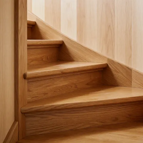 Escalier moderne en bois naturel avec marches polies et structure élégante pour intérieur résidentiel.