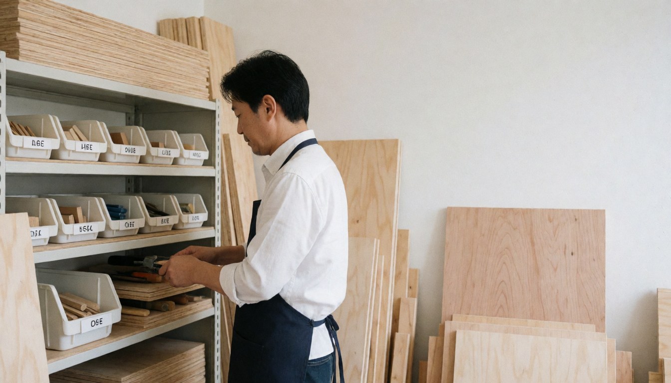Un homme travaille dans un atelier de bois propre et bien éclairé avec des étagères et des boîtes rangées, idéal pour les services de menuiserie.