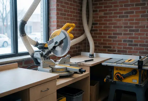 Vue d'une station de coupe équipée d'une scie à onglet dans un atelier de menuiserie avec des outils et du bois.