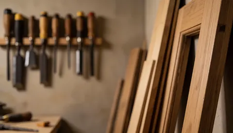 Arrière-plan texturé en bois naturel avec des outils de menuiserie professionnels disposés pour servir de fond à du texte.