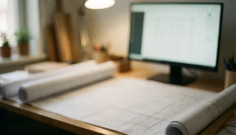 Vue floue d'un bureau de design avec des plans architecturaux sur un écran d'ordinateur, évoquant un espace de travail créatif et calme.