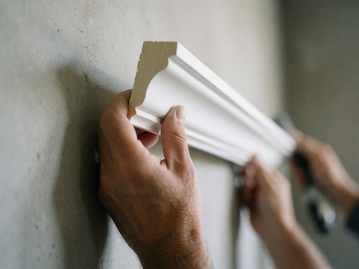 Une main tenant une moulure blanche contre un mur en béton, révélant le profil et la texture du bois sous lumière naturelle avec des outils.