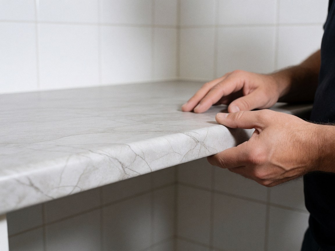 Mains d'un adulte installant un rebord lisse en stratifié imitation marbre sur des murs carrelés blancs sous éclairage direct pour un rendu précis.