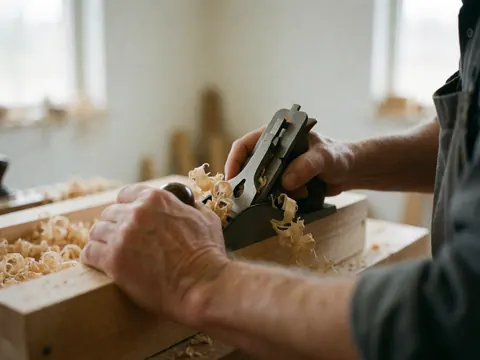 Gros plan montrant des copeaux de bois clair dispersés, révélant la texture naturelle du matériau dans un contexte artisanal.