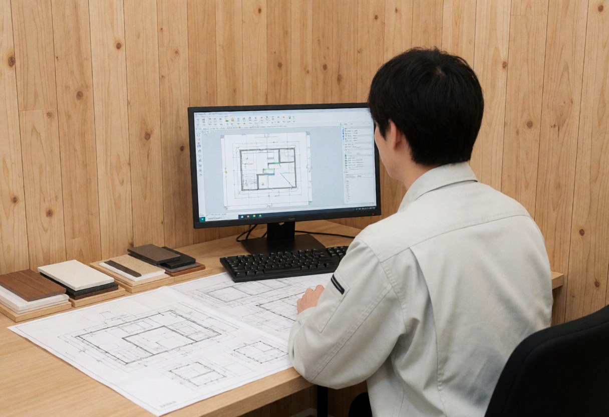 Un bureau de design actif avec une personne travaillant sur un ordinateur, des plans et du mobilier en bois visibles.
