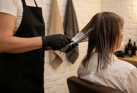 Une coiffeuse applique une teinture sur les cheveux longs d'une cliente dans un salon de coiffure professionnel.