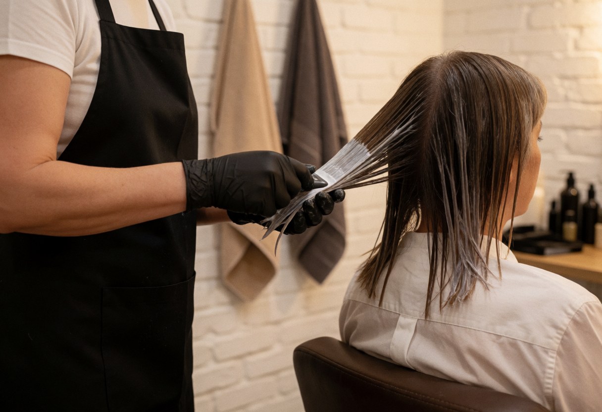 Une coiffeuse applique une teinture sur les cheveux longs d'une cliente dans un salon de coiffure professionnel.