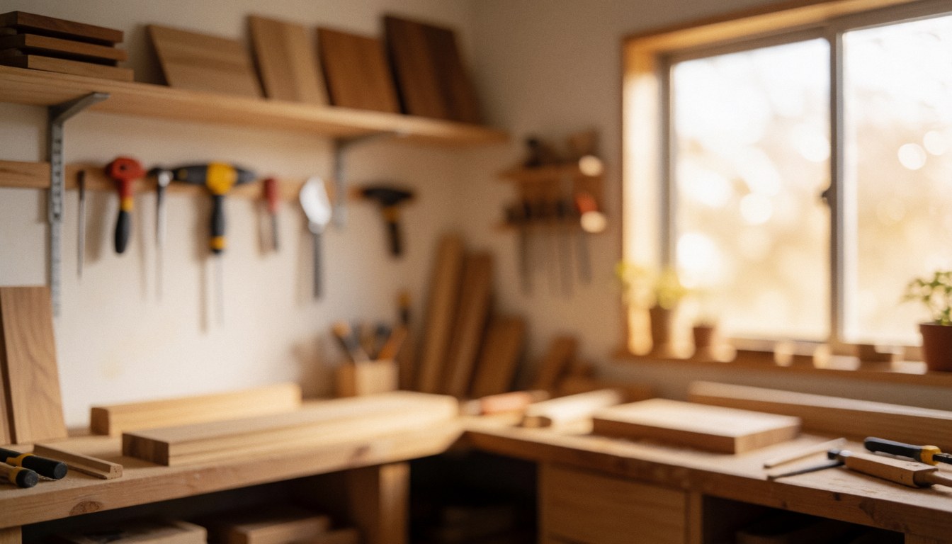 Atelier de menuiserie avec outils suspendus, planches de bois et lumière naturelle par la fenêtre, fond flou idéal pour ajouter du texte.