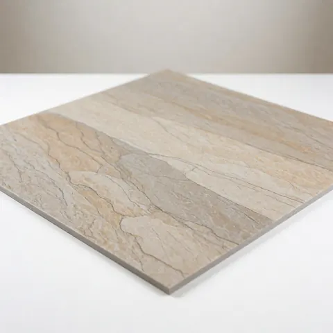 Échantillon de revêtement de sol stratifié imitant la pierre, présenté sur un fond blanc uni avec un dégradé neutre, adapté aux projets de design intérieur et de construction.