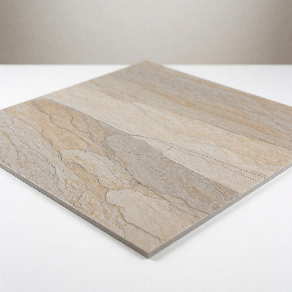 Échantillon de revêtement de sol stratifié imitant la pierre, présenté sur un fond blanc uni avec un dégradé neutre, adapté aux projets de design intérieur et de construction.
