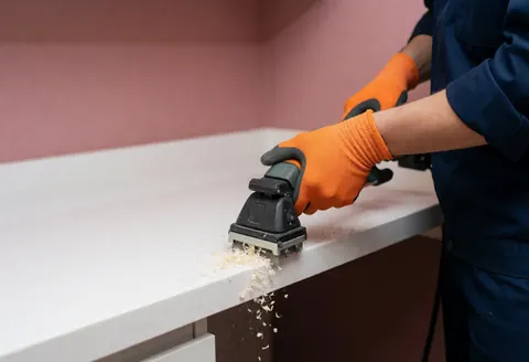 Mains gantées utilisant une ponceuse sur un plan de travail pour obtenir une finition lisse et soignée.