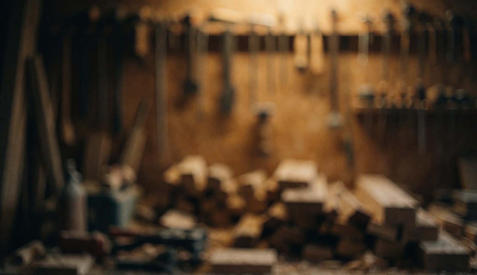Vue rapprochée d'un atelier de menuiserie avec des outils et du bois sur un fond flou aux tons chauds