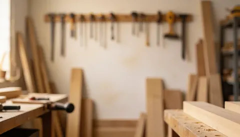 Arrière-plan d'atelier de charpenterie éclairé par une lumière chaude, présentant des outils suspendus et des panneaux en bois, adapté pour intégrer du texte ou illustrer des projets professionnels.