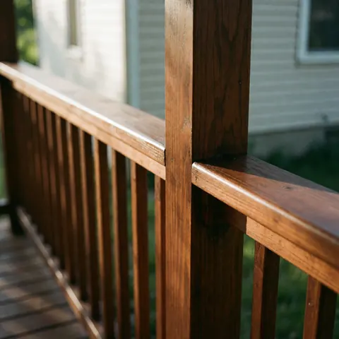 Un deck en bois restauré présente une finition brillante mettant en valeur la texture naturelle du grain sous la lumière extérieure.