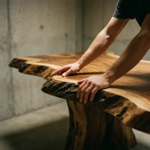 Des mains reposent sur une table en bois massif aux bords naturels, éclairage chaleureux dans un intérieur moderne.