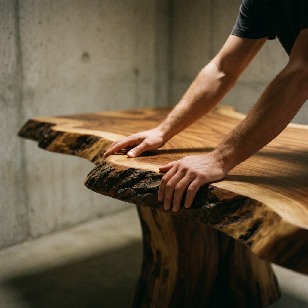Des mains reposent sur une table en bois massif aux bords naturels, éclairage chaleureux dans un intérieur moderne.