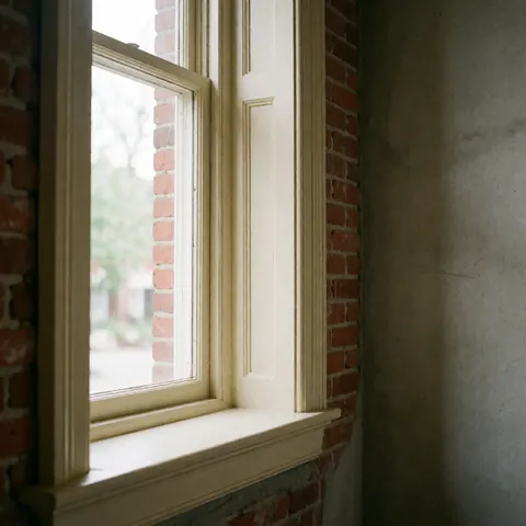 Vue rapprochée d'une fenêtre en bois restaurée, entourée de murs en brique et béton, mettant en valeur les détails de la menuiserie et de la peinture.