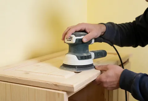 Une main tenant une ponceuse électrique en action sur une surface en bois, avec un fond jaune clair pour illustrer le travail de menuiserie.